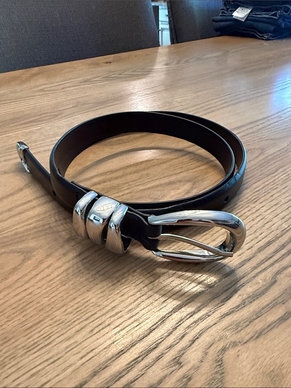 Women’s Madewell Black Leather Belt with Silver Buckle